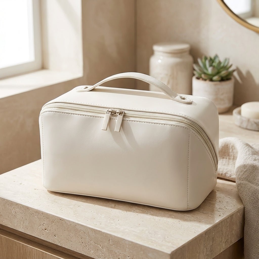 Compact travel makeup bag featuring multiple compartments and a sturdy handle, designed for organizing beauty essentials in a glossy cosmetic pouch. 1
