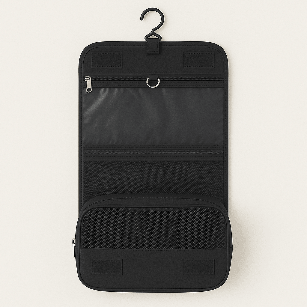 Compact travel toiletry bag featuring waterproof material and multiple organized compartments, perfect for both men and women on-the-go. 4