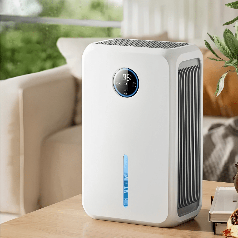 Compact USB dehumidifier for bedroom, featuring a sleek white design, ideal for moisture control in small spaces, operates quietly for comfortable use. 0
