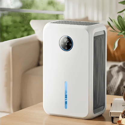 Compact USB dehumidifier for bedroom, featuring a sleek white design, ideal for moisture control in small spaces, operates quietly for comfortable use. 0