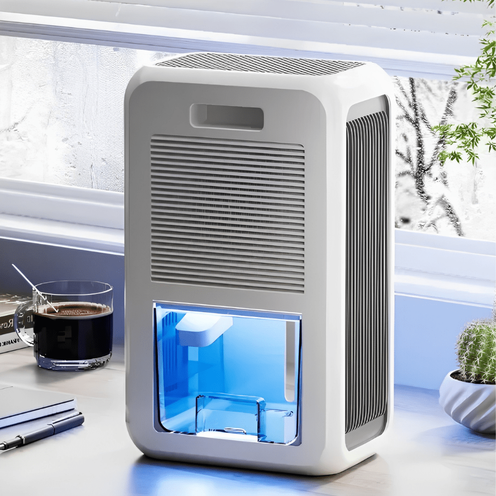 Compact USB dehumidifier for bedroom, featuring a sleek white design, ideal for moisture control in small spaces, operates quietly for comfortable use. 2