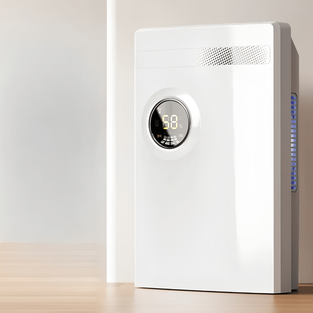 Compact USB dehumidifier for bedroom, featuring a sleek white design, ideal for moisture control in small spaces, operates quietly for comfortable use. 4