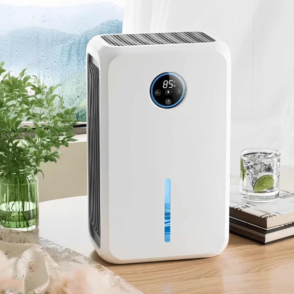 Compact USB dehumidifier for bedroom, featuring a sleek white design, ideal for moisture control in small spaces, operates quietly for comfortable use. 3