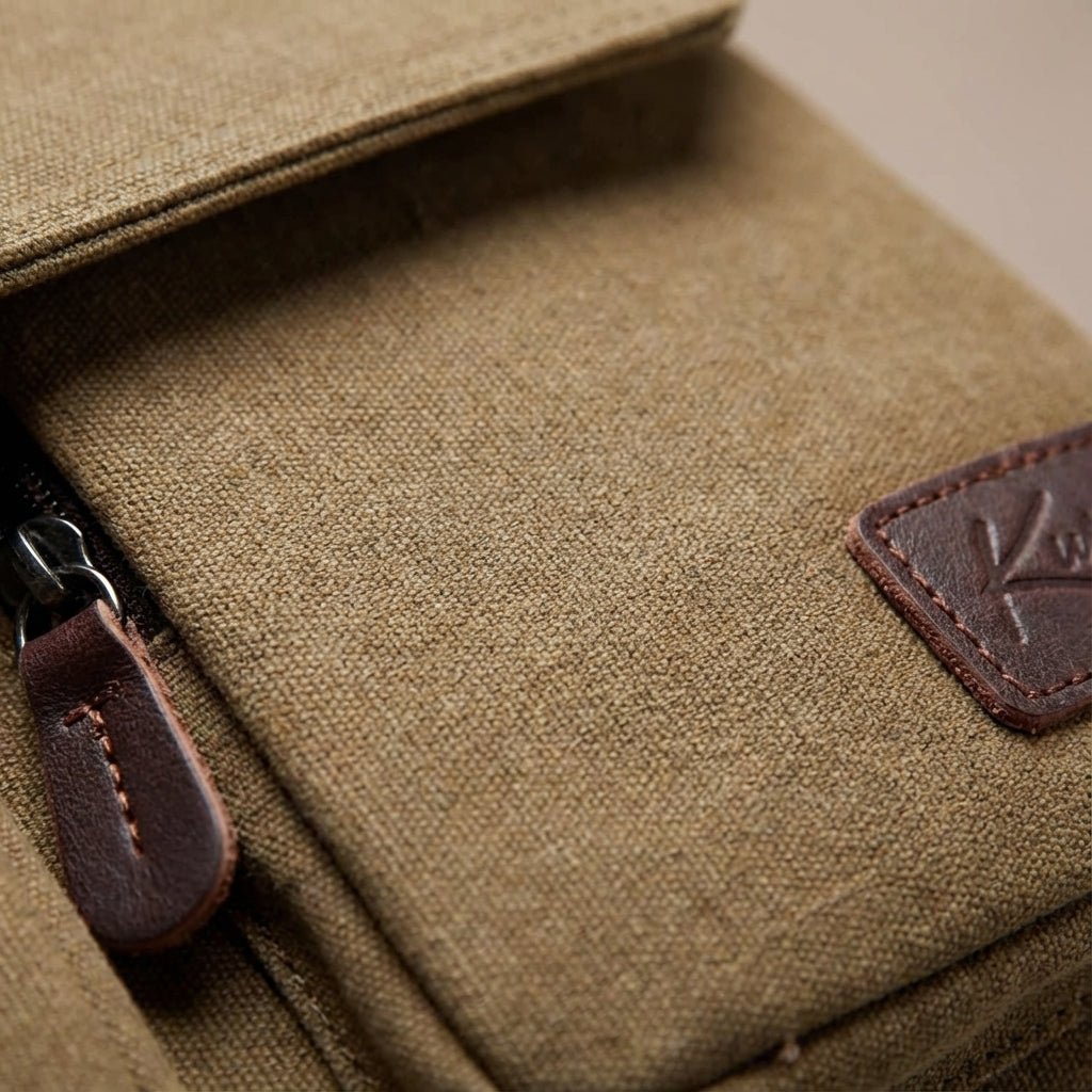 Compact vintage messenger bag made of durable canvas and PU leather, featuring an adjustable strap and a secure anti-theft pocket for added safety and style. 3
