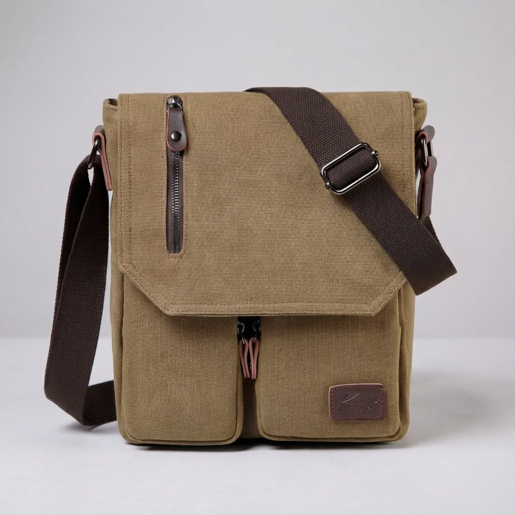 Compact vintage messenger bag made of durable canvas and PU leather, featuring an adjustable strap and a secure anti-theft pocket for added safety and style. 4