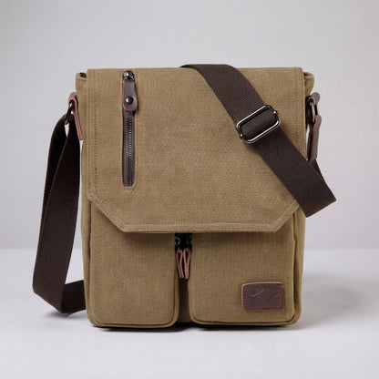 Compact vintage messenger bag made of durable canvas and PU leather, featuring an adjustable strap and a secure anti-theft pocket for added safety and style. 4