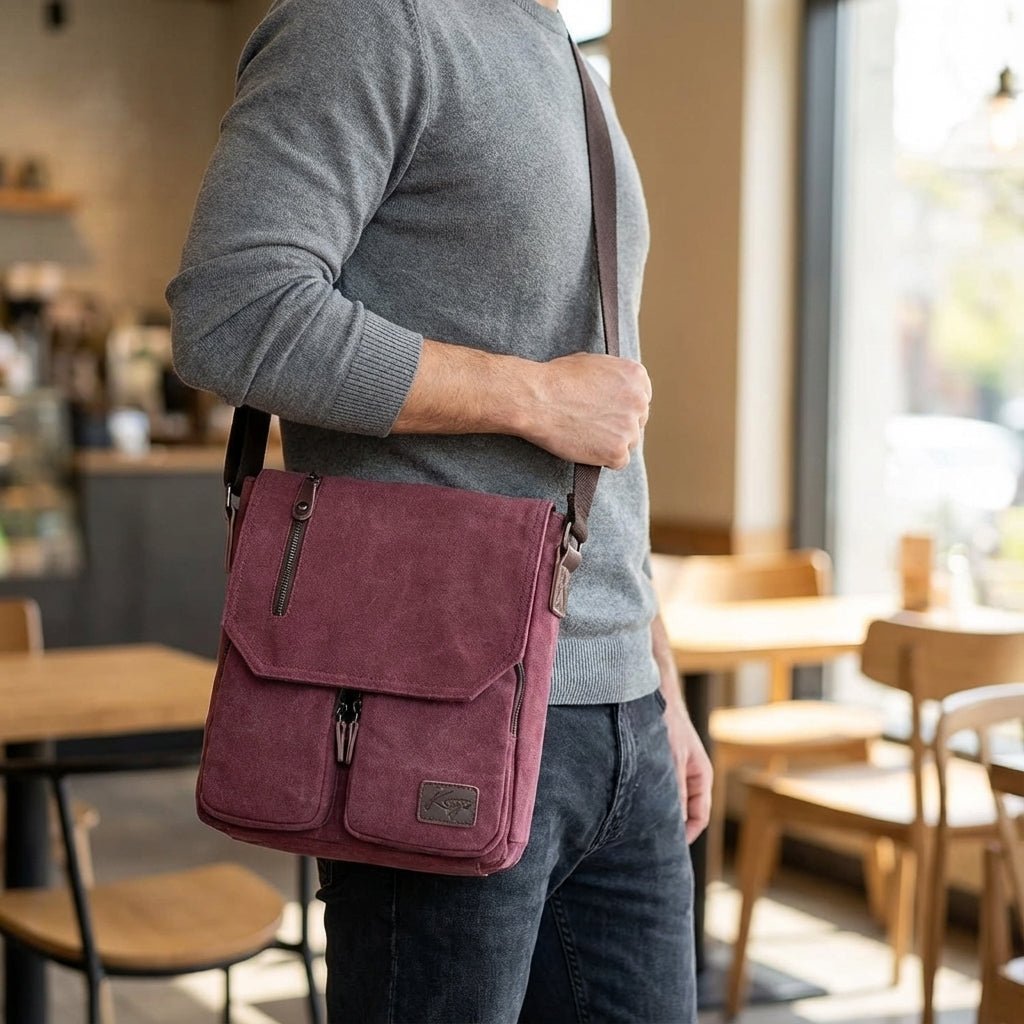Compact vintage messenger bag made of durable canvas and PU leather, featuring an adjustable strap and a secure anti-theft pocket for added safety and style. 1