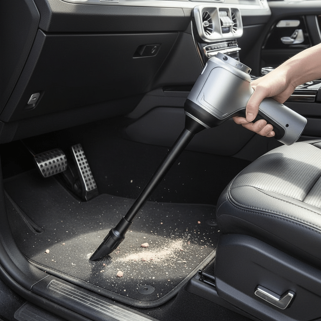 Cordless car vacuum cleaner featuring strong suction power, a rechargeable battery, and a lightweight handheld portable design, ideal for efficient cleaning of vehicles and tight spaces 6