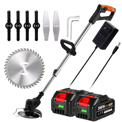 Cordless grass trimmer featuring an adjustable telescopic rod and multi-angle head, powered by a 24V battery, ideal for efficient lawn care and 6