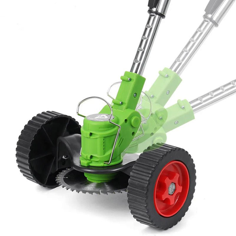 Cordless grass trimmer featuring an adjustable telescopic rod and multi-angle head, powered by a 24V battery, ideal for efficient lawn care and 2