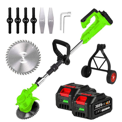 Cordless grass trimmer featuring an adjustable telescopic rod and multi-angle head, powered by a 24V battery, ideal for efficient lawn care and 0