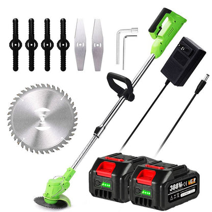 Cordless grass trimmer featuring an adjustable telescopic rod and multi-angle head, powered by a 24V battery, ideal for efficient lawn care and 8