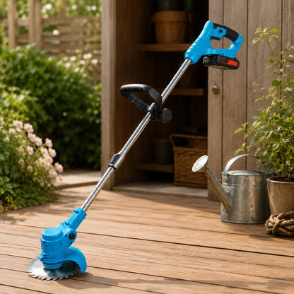 Cordless grass trimmer featuring an ergonomic adjustable handle, designed for easy use in lawn and garden care, powered by a 21V electric battery for 2