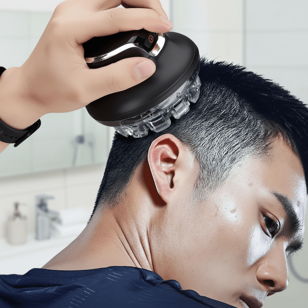 Cordless hair clipper with rechargeable battery, featuring washable blades for easy cleaning, designed for hair and beard trimming with an ergonomic grip. 1