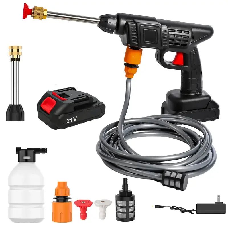Cordless high-pressure cleaner featuring an adjustable nozzle, designed for versatile outdoor cleaning, powered by a lithium battery for convenience and portability. 1