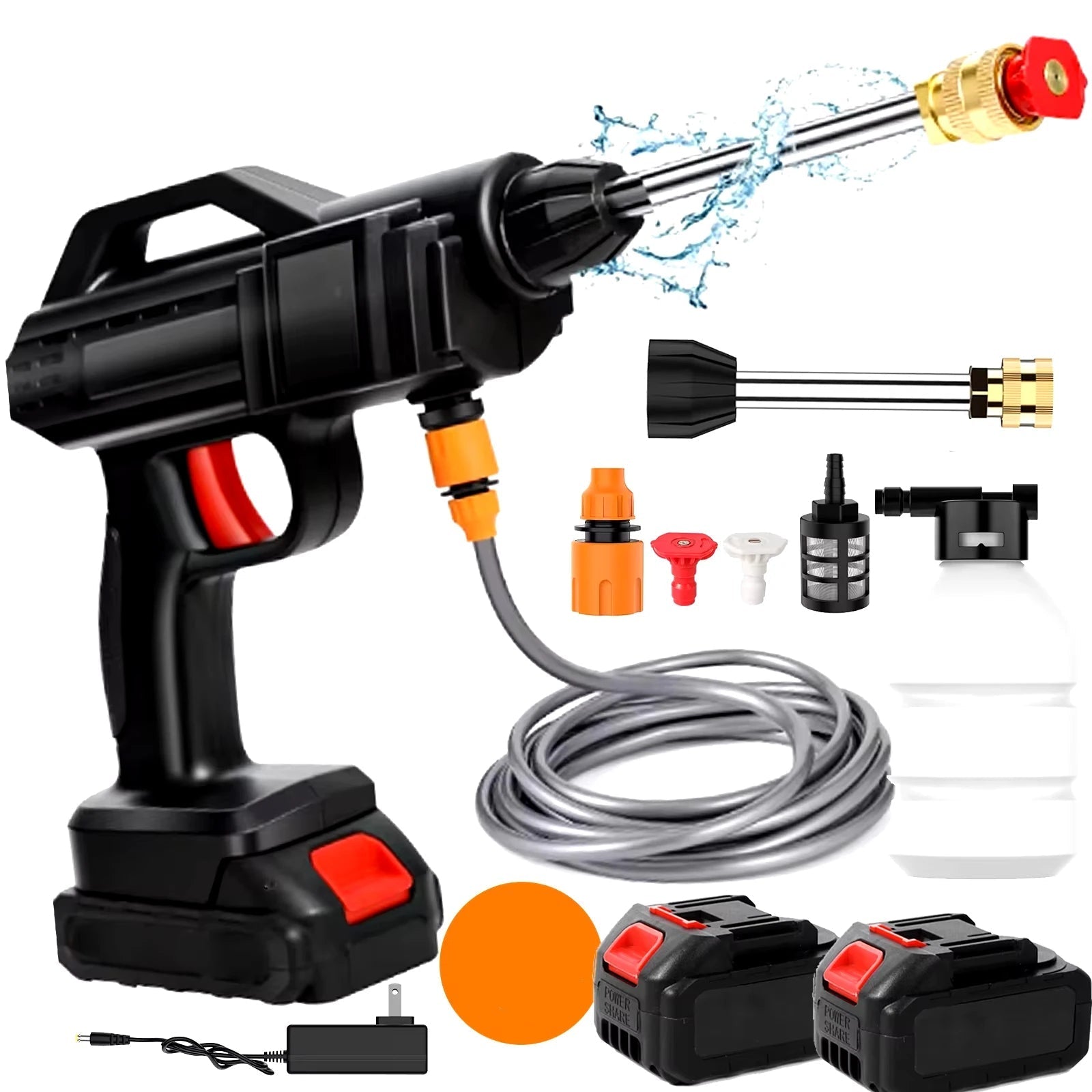Cordless high-pressure cleaner featuring an adjustable nozzle, designed for versatile outdoor cleaning, powered by a lithium battery for convenience and portability. 2