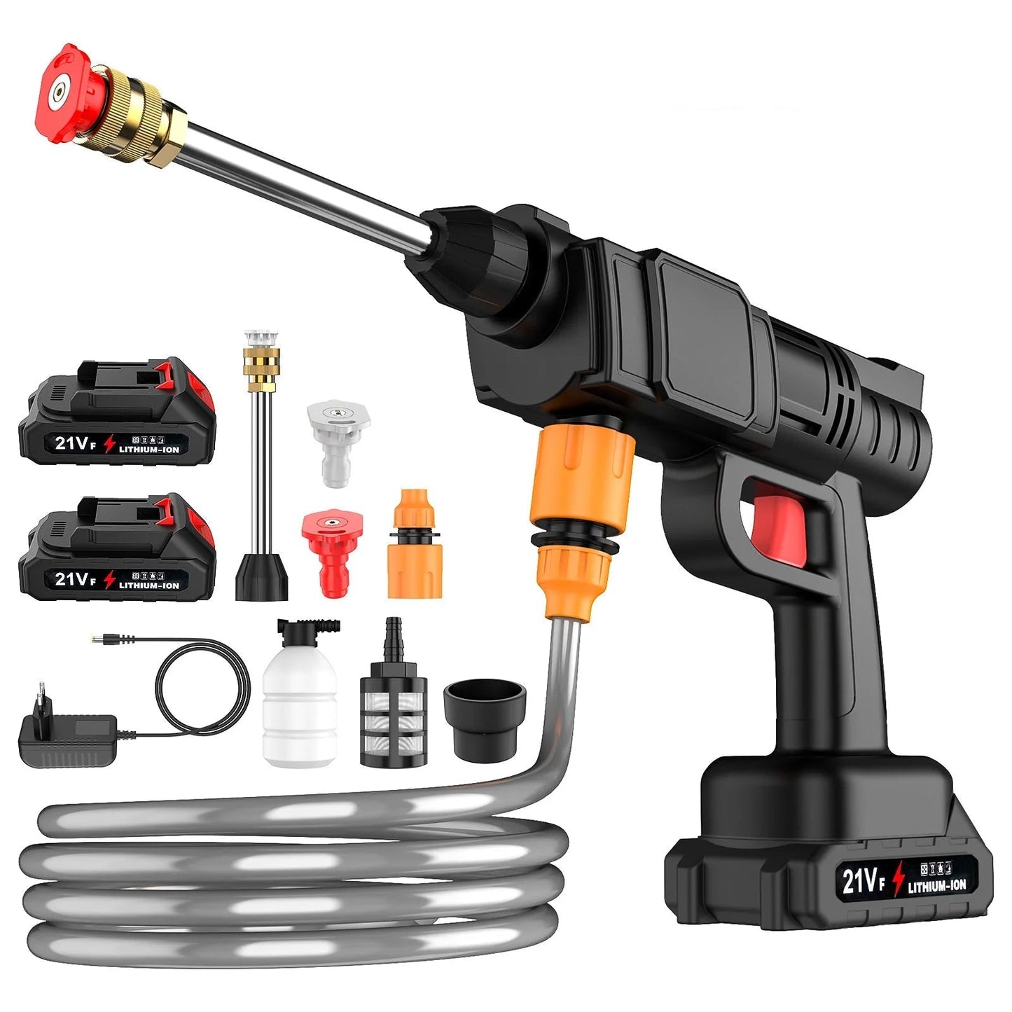 Cordless high-pressure cleaner featuring an adjustable nozzle, designed for versatile outdoor cleaning, powered by a lithium battery for convenience and portability. 12