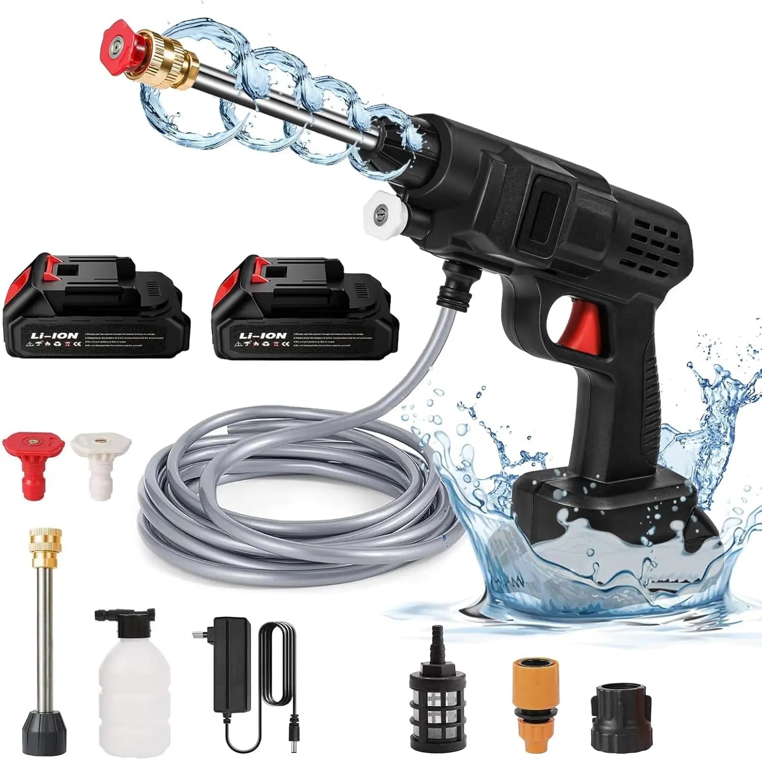 Cordless high-pressure cleaner featuring an adjustable nozzle, designed for versatile outdoor cleaning, powered by a lithium battery for convenience and portability. 0