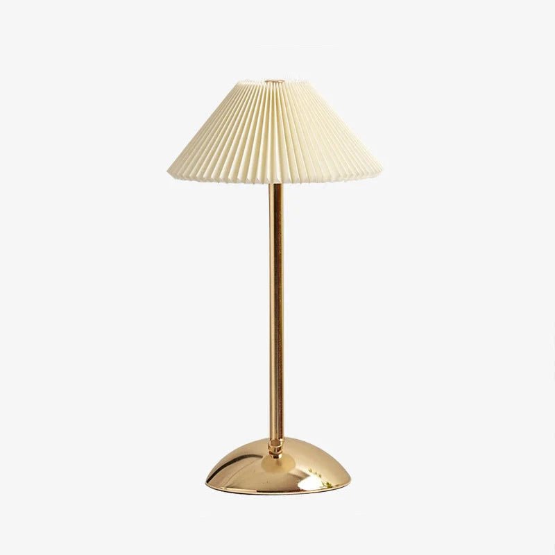 Scandinavian style cordless table lamp featuring a pleated fabric shade and sturdy iron base, perfect for enhancing the ambiance of bedrooms or dining areas. 6
