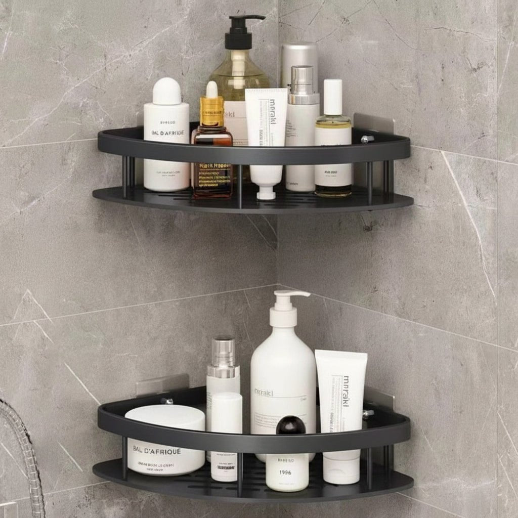 Corner shower caddy with rustproof aluminum finish, designed for waterproof wall-mounted installation, providing organized bathroom storage. 8