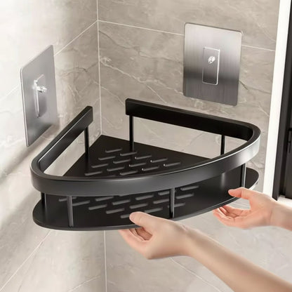 Corner shower caddy with rustproof aluminum finish, designed for waterproof wall-mounted installation, providing organized bathroom storage. 4