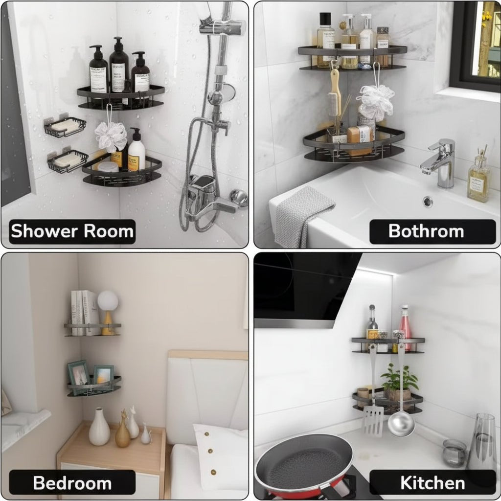 Corner shower caddy with rustproof aluminum finish, designed for waterproof wall-mounted installation, providing organized bathroom storage. 5