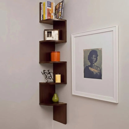 Multi-tiered corner wall shelf unit in modern MDF with a sleek lacquered finish, designed for stylish storage in living rooms and offices. 3