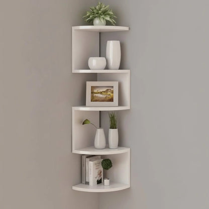 Multi-tiered corner wall shelf unit in modern MDF with a sleek lacquered finish, designed for stylish storage in living rooms and offices. 0