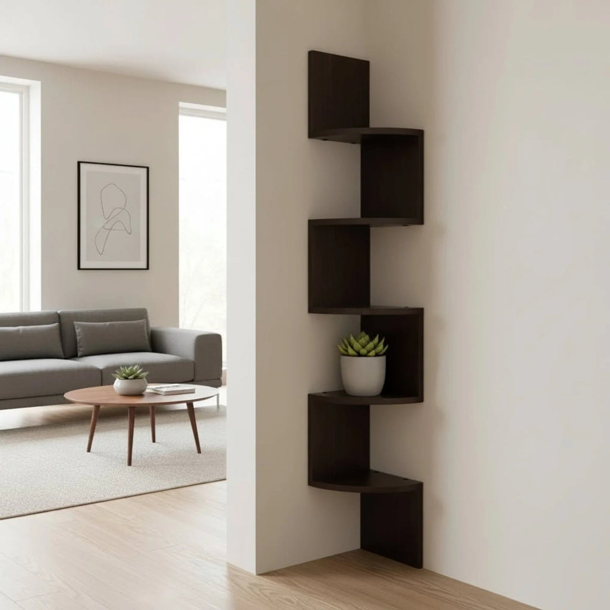 Multi-tiered corner wall shelf unit in modern MDF with a sleek lacquered finish, designed for stylish storage in living rooms and offices. 1