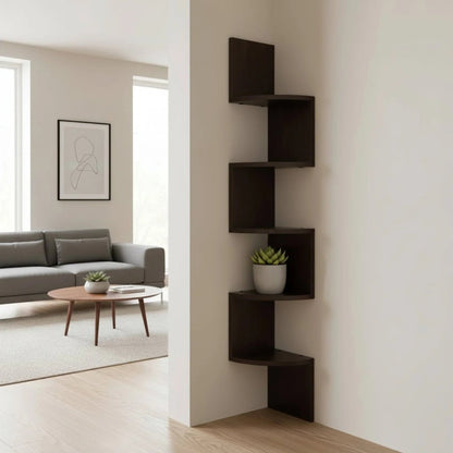 Multi-tiered corner wall shelf unit in modern MDF with a sleek lacquered finish, designed for stylish storage in living rooms and offices. 1
