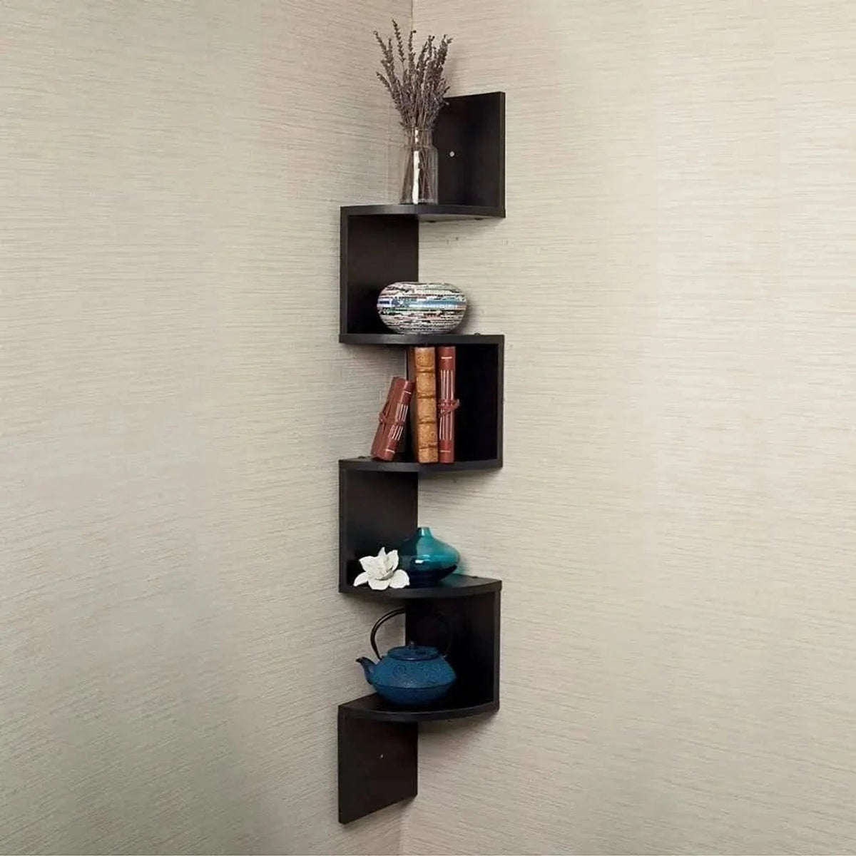 Multi-tiered corner wall shelf unit in modern MDF with a sleek lacquered finish, designed for stylish storage in living rooms and offices. 2