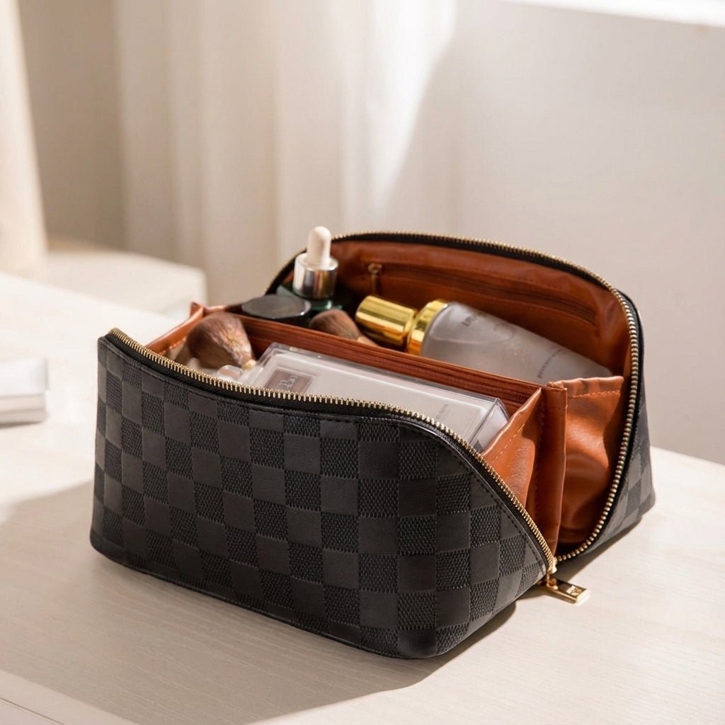 Cosmetic Bag with Multiple Compartments and Water-Repellent Surface – Soft Polyurethane Leather Makeup Case for Travel 4