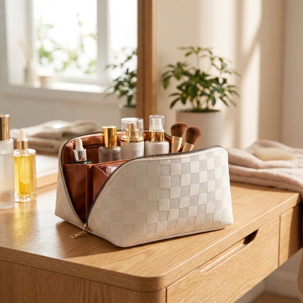 Cosmetic Bag with Multiple Compartments and Water-Repellent Surface – Soft Polyurethane Leather Makeup Case for Travel 1