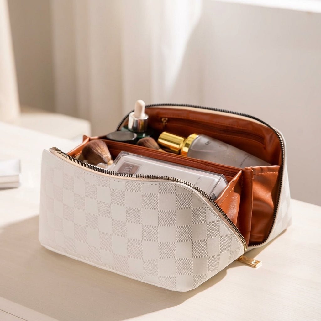 Cosmetic Bag with Multiple Compartments and Water-Repellent Surface – Soft Polyurethane Leather Makeup Case for Travel 0