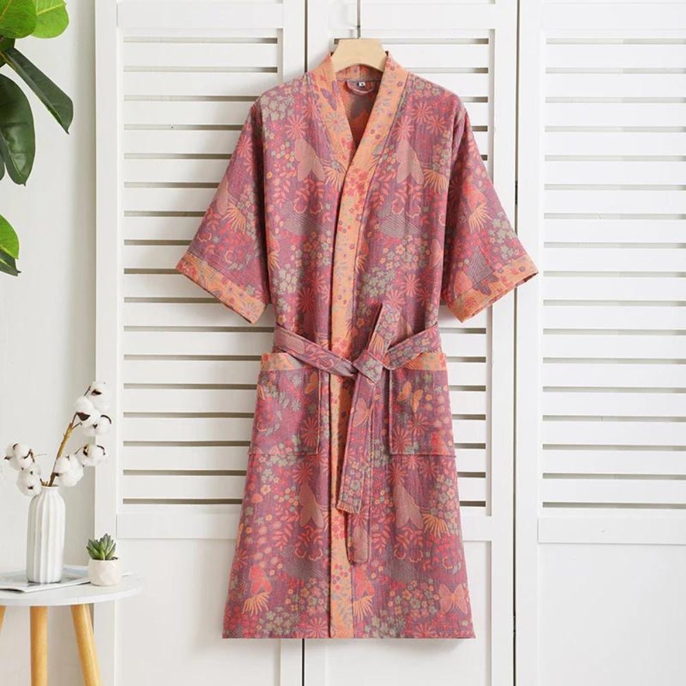 Cotton Bathrobe with Vintage Print – Lightweight, Breathable Womens Dressing Gown 0