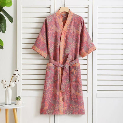 Cotton Bathrobe with Vintage Print – Lightweight, Breathable Womens Dressing Gown 0