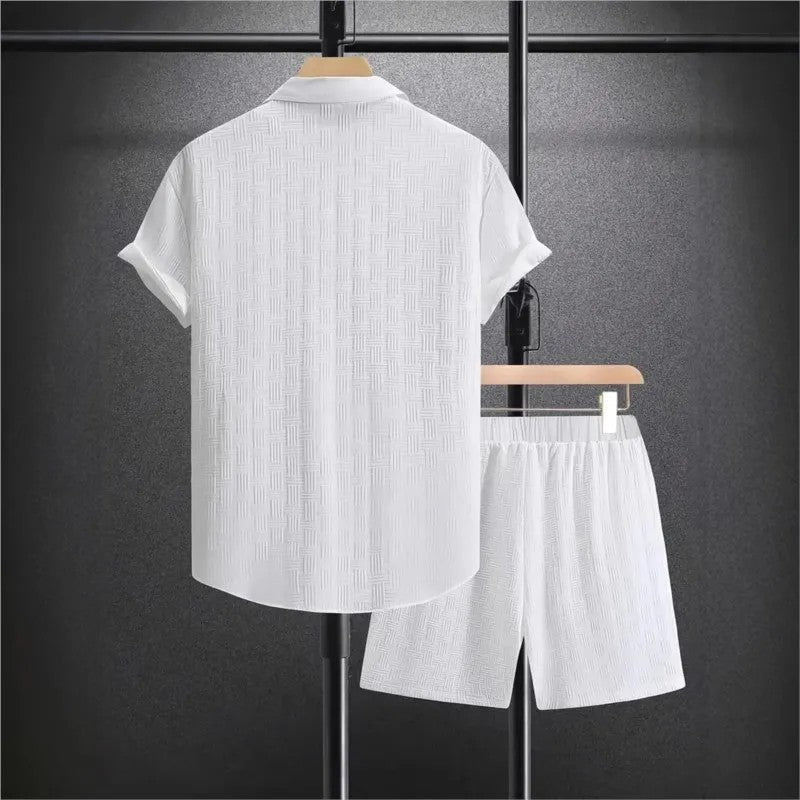 Cotton linen shirt set with drawstring shorts, featuring a relaxed fit ideal for summer wear, showcasing a stylish and comfortable outfit for warm weather. 2