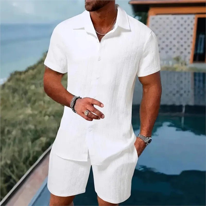 Cotton linen shirt set with drawstring shorts, featuring a relaxed fit ideal for summer wear, showcasing a stylish and comfortable outfit for warm weather. 3