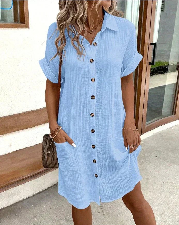 Cotton shirt dress featuring full-length button closure and turned-up sleeves, perfect for casual summer outings, knee-length design in a stylish and comfortable fit. 2