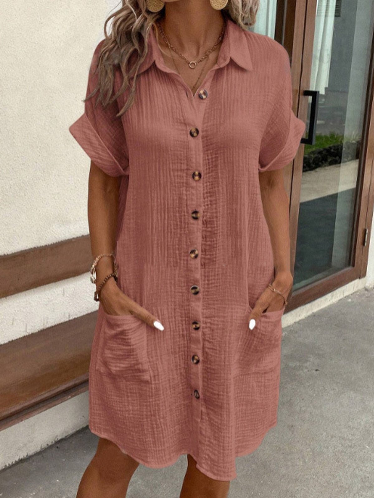 Cotton shirt dress featuring full-length button closure and turned-up sleeves, perfect for casual summer outings, knee-length design in a stylish and comfortable fit. 5