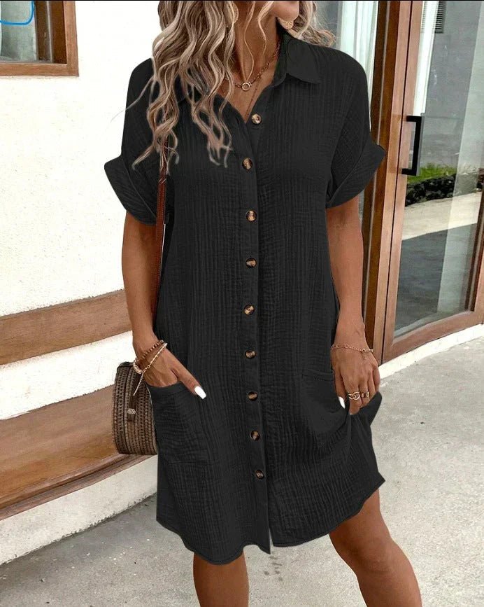 Cotton shirt dress featuring full-length button closure and turned-up sleeves, perfect for casual summer outings, knee-length design in a stylish and comfortable fit. 4