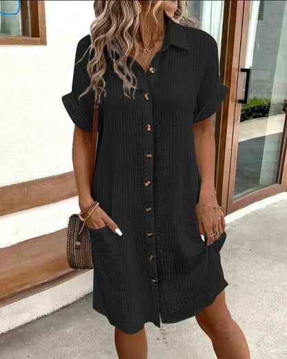 Cotton shirt dress featuring full-length button closure and turned-up sleeves, perfect for casual summer outings, knee-length design in a stylish and comfortable fit. 4