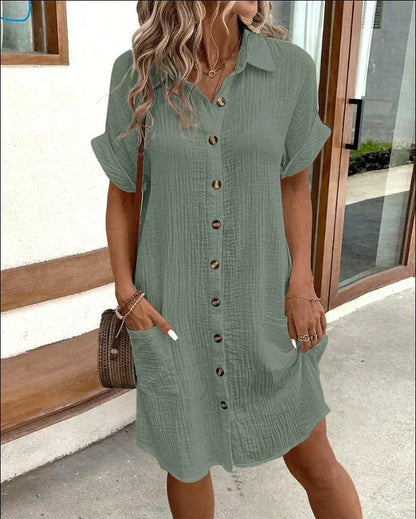 Cotton shirt dress featuring full-length button closure and turned-up sleeves, perfect for casual summer outings, knee-length design in a stylish and comfortable fit. 3