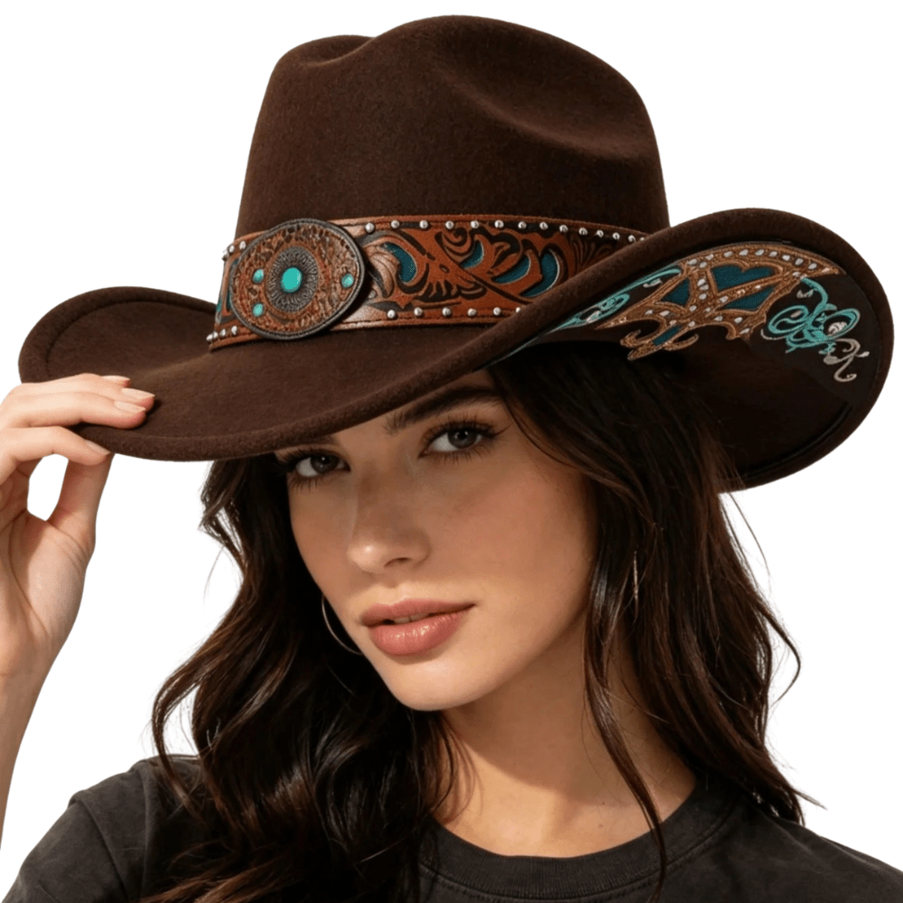 Brown wool felt cowboy hat featuring a classic silhouette and comfortable fit, perfect for adding a touch of Western style to any outfit. 2