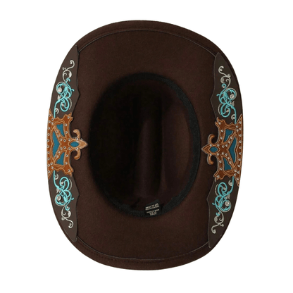 Brown wool felt cowboy hat featuring a classic silhouette and comfortable fit, perfect for adding a touch of Western style to any outfit. 1