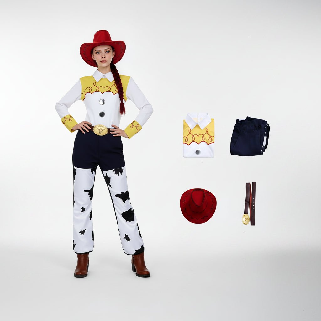 Cowgirl costume set for women and girls featuring a western-inspired jumpsuit or top and trousers options, perfect for dress-up and themed events. 0