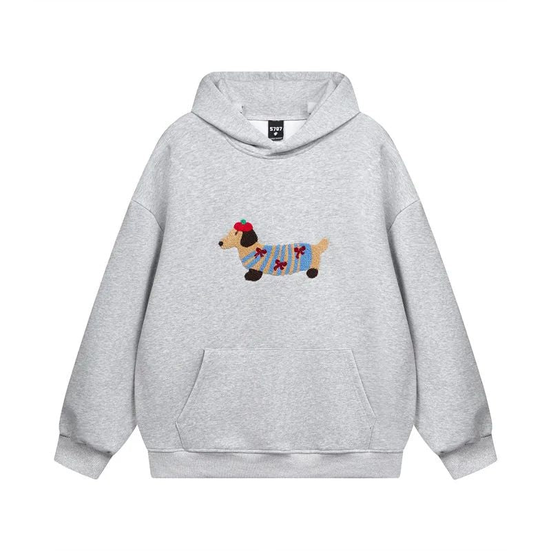 Cozy cotton blend oversized hoodie featuring cute dachshund embroidery, perfect for fall and winter, available in navy blue, white, and gray with a 4