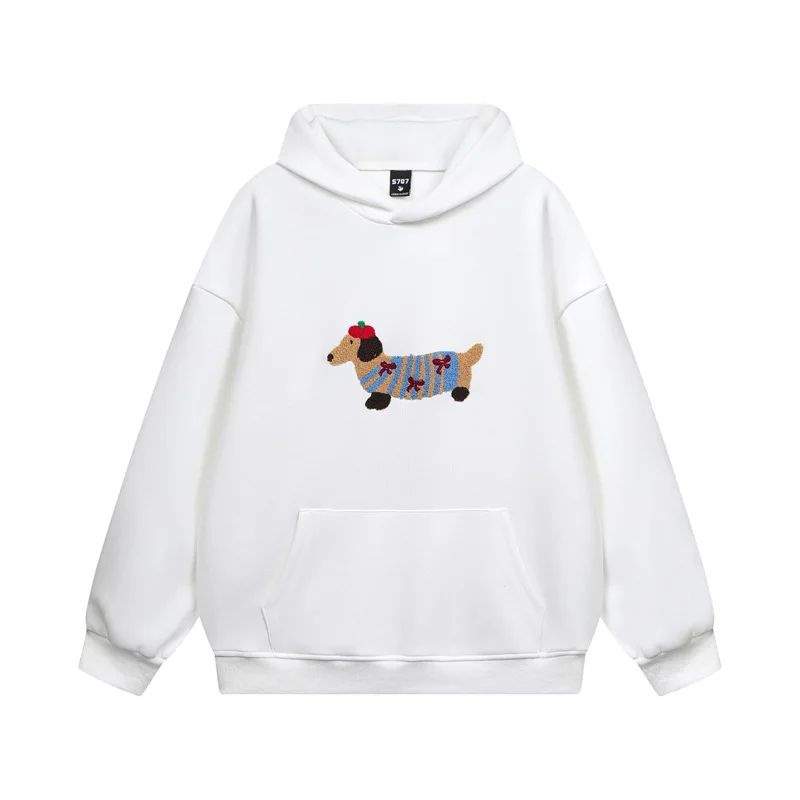 Cozy cotton blend oversized hoodie featuring cute dachshund embroidery, perfect for fall and winter, available in navy blue, white, and gray with a 0