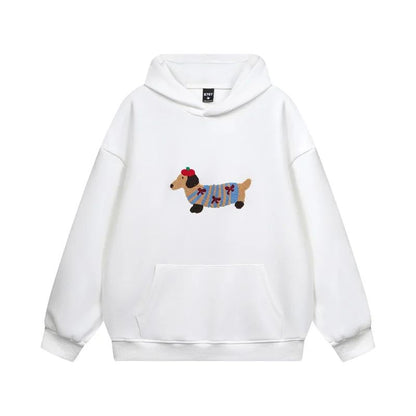 Cozy cotton blend oversized hoodie featuring cute dachshund embroidery, perfect for fall and winter, available in navy blue, white, and gray with a 0