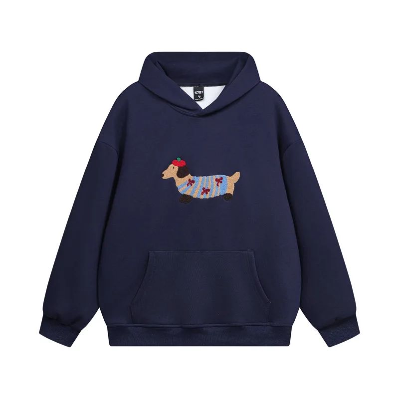 Cozy cotton blend oversized hoodie featuring cute dachshund embroidery, perfect for fall and winter, available in navy blue, white, and gray with a 5